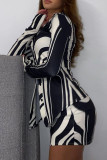 Black White Sexy Print Patchwork Buckle Turndown Collar Long Sleeve Two Pieces