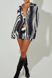 Black White Sexy Print Patchwork Buckle Turndown Collar Long Sleeve Two Pieces