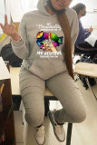 Grey Casual Print Patchwork Basic Hooded Collar Tops