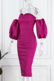 Rose Red Elegant Solid Patchwork Off the Shoulder One Step Skirt Dresses