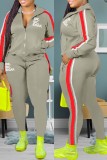 Blue Casual Letter Print Patchwork Zipper Collar Long Sleeve Two Pieces
