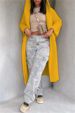 Yellow Casual Solid Cardigan Hooded Collar Outerwear