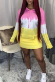 Yellow Pink Casual Print Patchwork Hooded Collar T-shirt Dress Dresses