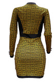 Yellow Casual Print Patchwork Buttons O Neck One Step Skirt Dresses