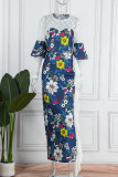 Blue Elegant Print Patchwork O Neck Evening Dress Dresses