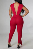 Red Fashion Sexy Solid Patchwork Backless V Neck Skinny Jumpsuits