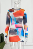 Colour Sexy Print Patchwork O Neck Long Sleeve Two Pieces
