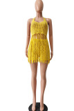 Red Sexy Solid Tassel Hollowed Out Patchwork Halter Sleeveless Two Pieces