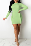 Green Casual Solid Patchwork Turtleneck Long Sleeve Dresses