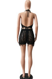 Red Sexy Solid Tassel Hollowed Out Patchwork Halter Sleeveless Two Pieces