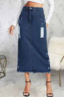 Blue Casual Street Solid Rivets Ripped Patchwork Slit Straight High Waist Straight Solid Color Bottoms