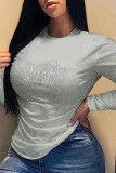 White Casual Daily Print Letter O Neck Tops