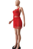 Red Sexy Solid Tassel Hollowed Out Patchwork Halter Sleeveless Two Pieces