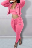 Pink Sexy Print Letter Hooded Collar Three Pieces