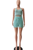 Red Sexy Solid Tassel Hollowed Out Patchwork Halter Sleeveless Two Pieces