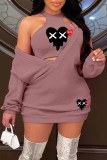 Pink Sexy Casual Print Patchwork O Neck Long Sleeve Two Pieces