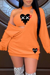 Orange Sexy Casual Print Patchwork O Neck Long Sleeve Two Pieces