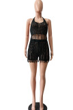 Red Sexy Solid Tassel Hollowed Out Patchwork Halter Sleeveless Two Pieces
