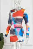 Colour Sexy Print Patchwork O Neck Long Sleeve Two Pieces