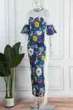 Blue Elegant Print Patchwork O Neck Evening Dress Dresses