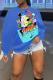 Blue Daily Cute Print Patchwork O Neck Tops