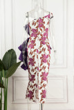 Purple Elegant Print Patchwork Flounce Strapless Evening Dress Dresses