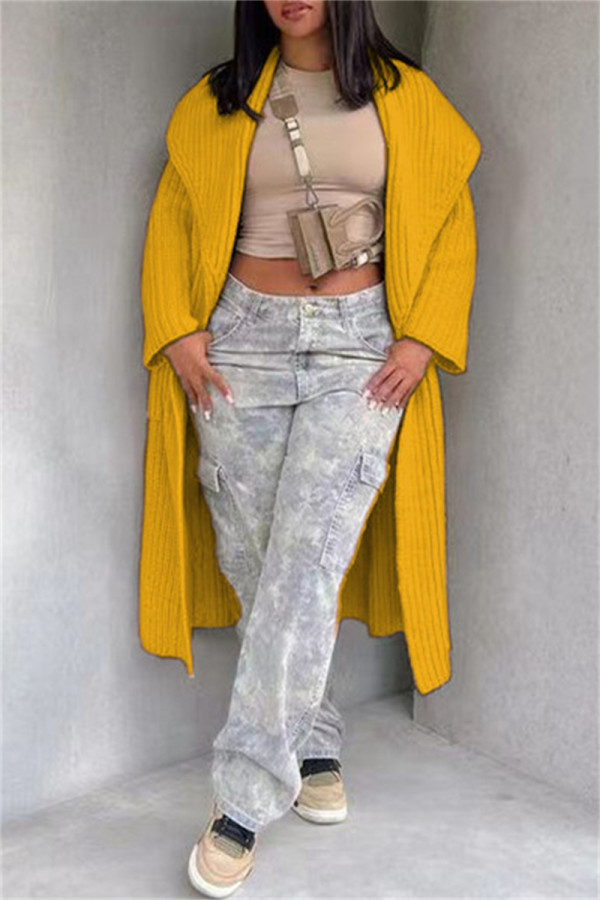 Yellow Casual Solid Cardigan Hooded Collar Outerwear