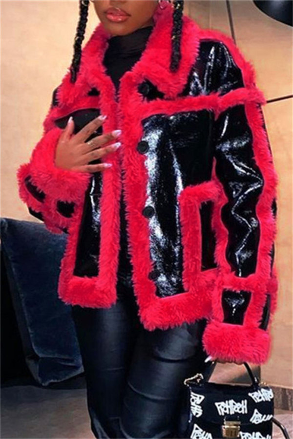 Red Casual Patchwork Cardigan Contrast Turndown Collar Outerwear