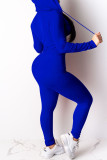 Deep Blue Casual Print Patchwork Hooded Collar Long Sleeve Two Pieces