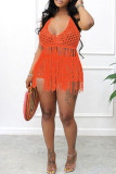 Red Sexy Solid Tassel Hollowed Out Patchwork Halter Sleeveless Two Pieces