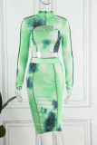 Green Sexy Print Hollowed Out Patchwork Half A Turtleneck Long Sleeve Two Pieces