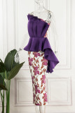 Purple Elegant Print Patchwork Flounce Strapless Evening Dress Dresses