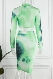Green Sexy Print Hollowed Out Patchwork Half A Turtleneck Long Sleeve Two Pieces