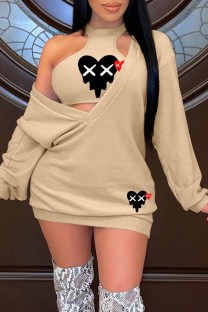 Khaki Sexy Casual Print Patchwork O Neck Long Sleeve Two Pieces