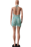 Red Sexy Solid Tassel Hollowed Out Patchwork Halter Sleeveless Two Pieces