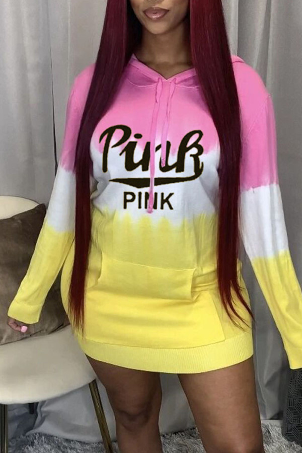 Pink Yellow Casual Print Patchwork Hooded Collar T-shirt Dress Dresses