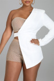 White Sexy Patchwork Hot Drilling See-through Backless One Shoulder Long Sleeve Two Pieces