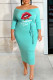 Cyanine Casual Print Bandage Patchwork Off the Shoulder One Step Skirt Plus Size Dresses