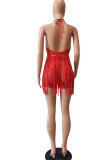 Red Sexy Solid Tassel Hollowed Out Patchwork Halter Sleeveless Two Pieces