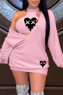 Pink Sexy Casual Print Patchwork O Neck Long Sleeve Two Pieces