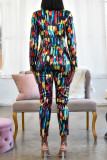 Colour Street Print Patchwork Buttons Turn-back Collar Long Sleeve Two Pieces