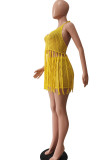 Red Sexy Solid Tassel Hollowed Out Patchwork Halter Sleeveless Two Pieces