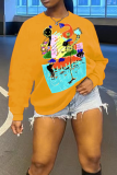Blue Daily Cute Print Patchwork O Neck Tops