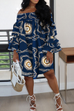 Blue White Casual Print Patchwork Flounce Off the Shoulder Straight Dresses