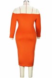 Tangerine Red Sexy Print Letter Off the Shoulder One Step Skirt Plus Size Dresses