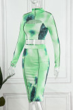 Green Sexy Print Hollowed Out Patchwork Half A Turtleneck Long Sleeve Two Pieces