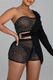 Black Sexy Patchwork Hot Drilling See-through Backless One Shoulder Long Sleeve Two Pieces