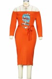 Tangerine Red Sexy Print Letter Off the Shoulder One Step Skirt Plus Size Dresses
