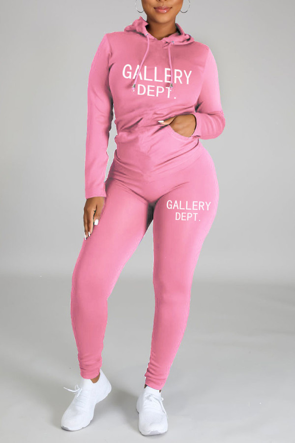 Pink Casual Print Patchwork Hooded Collar Long Sleeve Two Pieces
