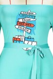 Baby Blue Sexy Print Letter Off the Shoulder One Step Skirt Plus Size Dresses